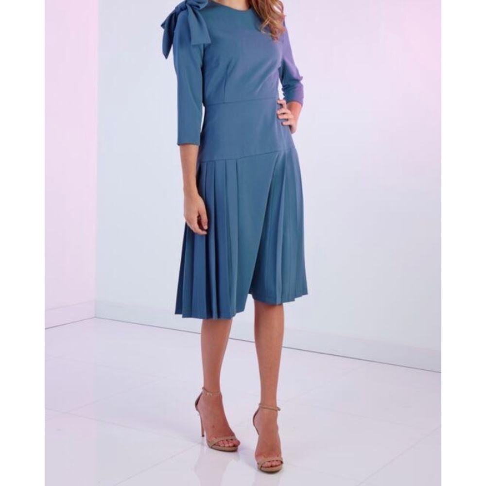 Blue Pleated Midi Dress with Bow Shoulder